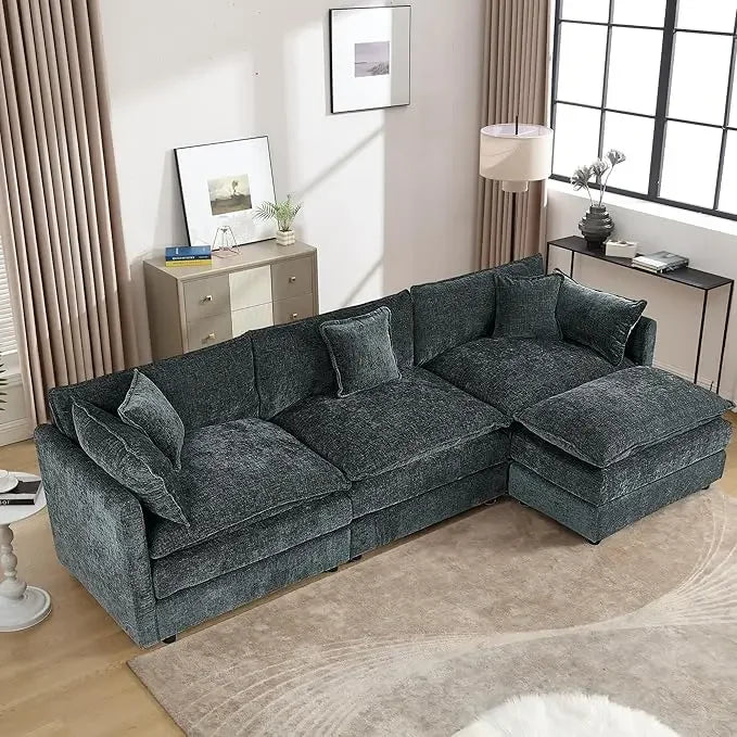 112.2" L-Shaped Cloud Couches | Deep 3 Seater Couch with Ottoman | Soft Chenille Cloud Sofa for Cozy Living Room