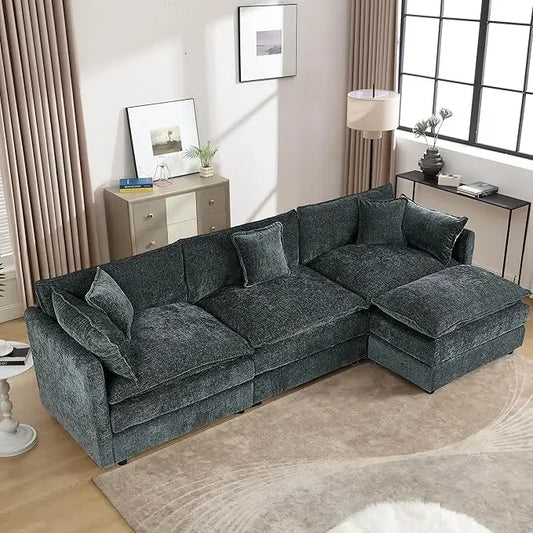 112.2" L-Shaped Cloud Couches | Deep 3 Seater Couch with Ottoman | Soft Chenille Cloud Sofa for Cozy Living Room
