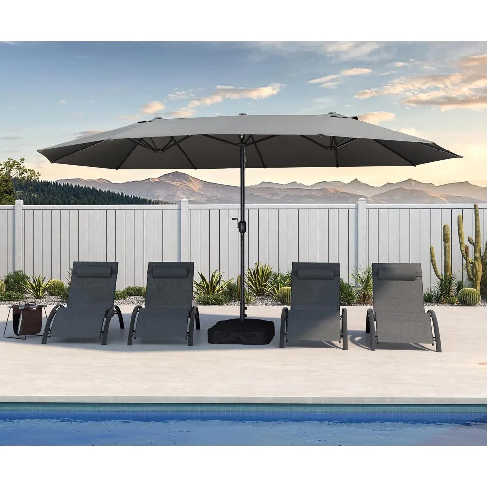 15ft Patio Market Umbrella with Base Double-Sided Rectangle Outdoor Table Sun Umbrellas with Crank 12 Heavy Duty Sturdy Ribs fo