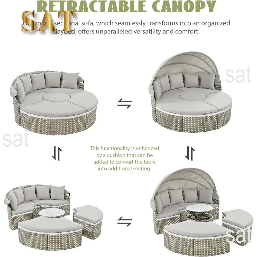 %a Patio Rattan Sunbed with Retractable Canopy, Round Outdoor Sectional Sofa Set with Separate Seating,liftable Table and Remov