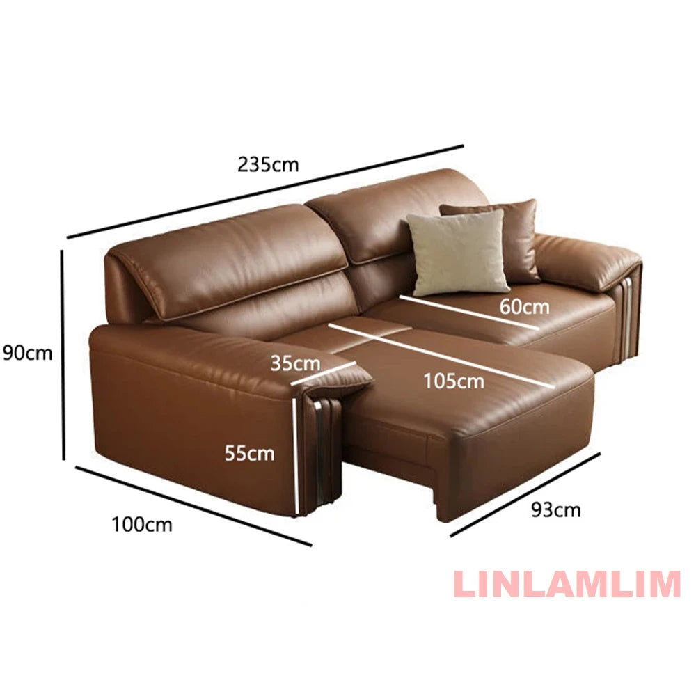 Modern Convertible Genuine Leather Sofa Bed – Multi-functional Electric Sleeper Couch with Adjustable Seats & Wide Chaise Lounge