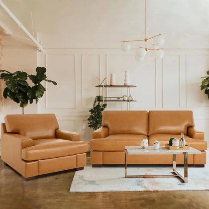 Genuine Leather Sofa - Luxurious Comfort, Goose Feather Cushion Filling, Square Arm Design, Sturdy Block Legs,