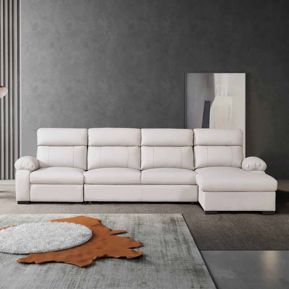Modern Multi-functional l Shape White Leather Leather Sectional  Foldable Storage and Electric Recliner for Living Room Sofas