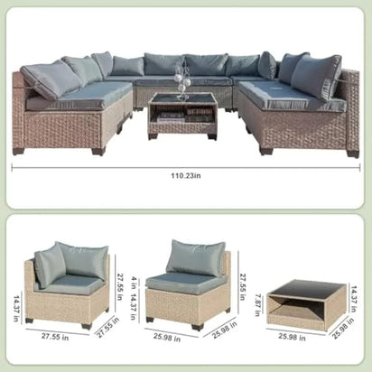 Outdoor Conversation Set Sectional Sofa with Water Resistant Beige Thick Cushions and Storage Table,9-Piece Patio Furniture Set