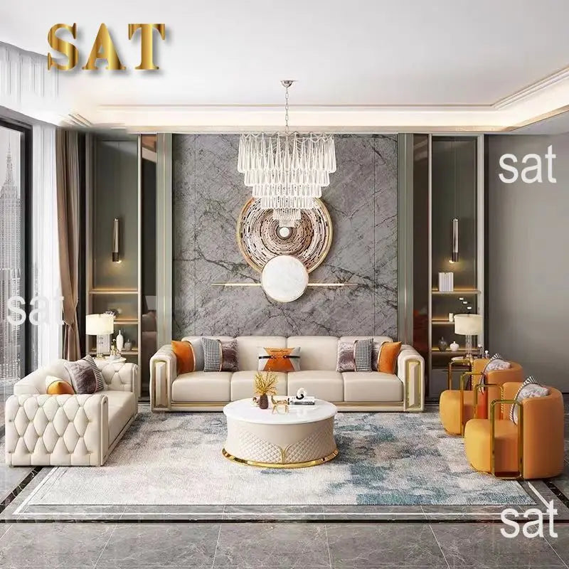 / Modern New Design Luxury Couch With Brass Legs Plush Leather Sofa Living Room Furniture