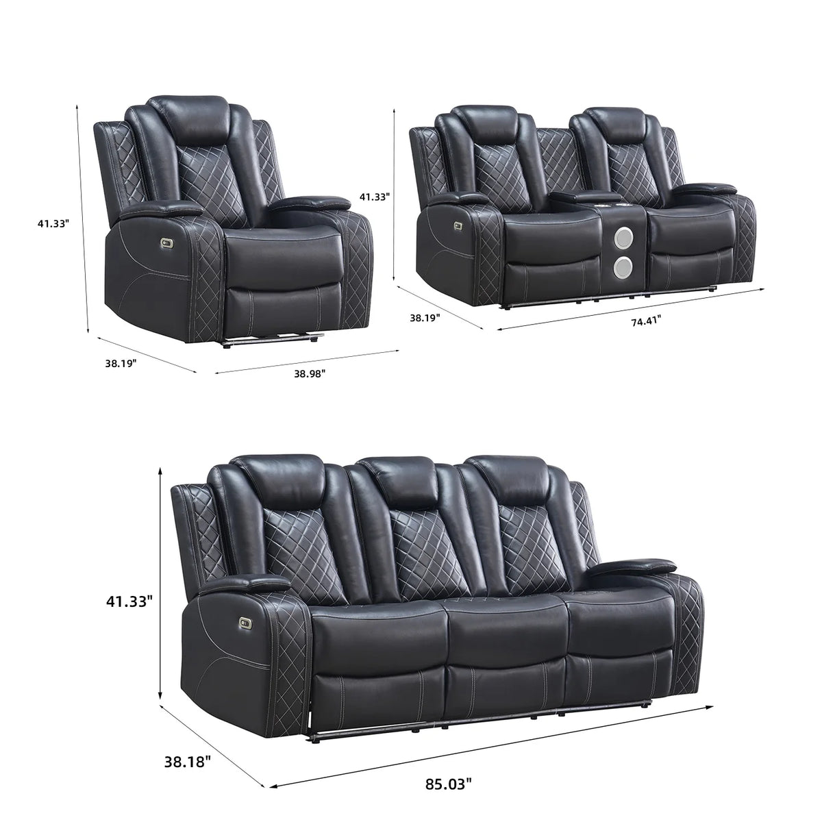 Power Reclining Sofa Couch with Wireless Charger 3 Seaters Recliner  Reading Light Leather Bluetooth Speaker Theater Seating LED
