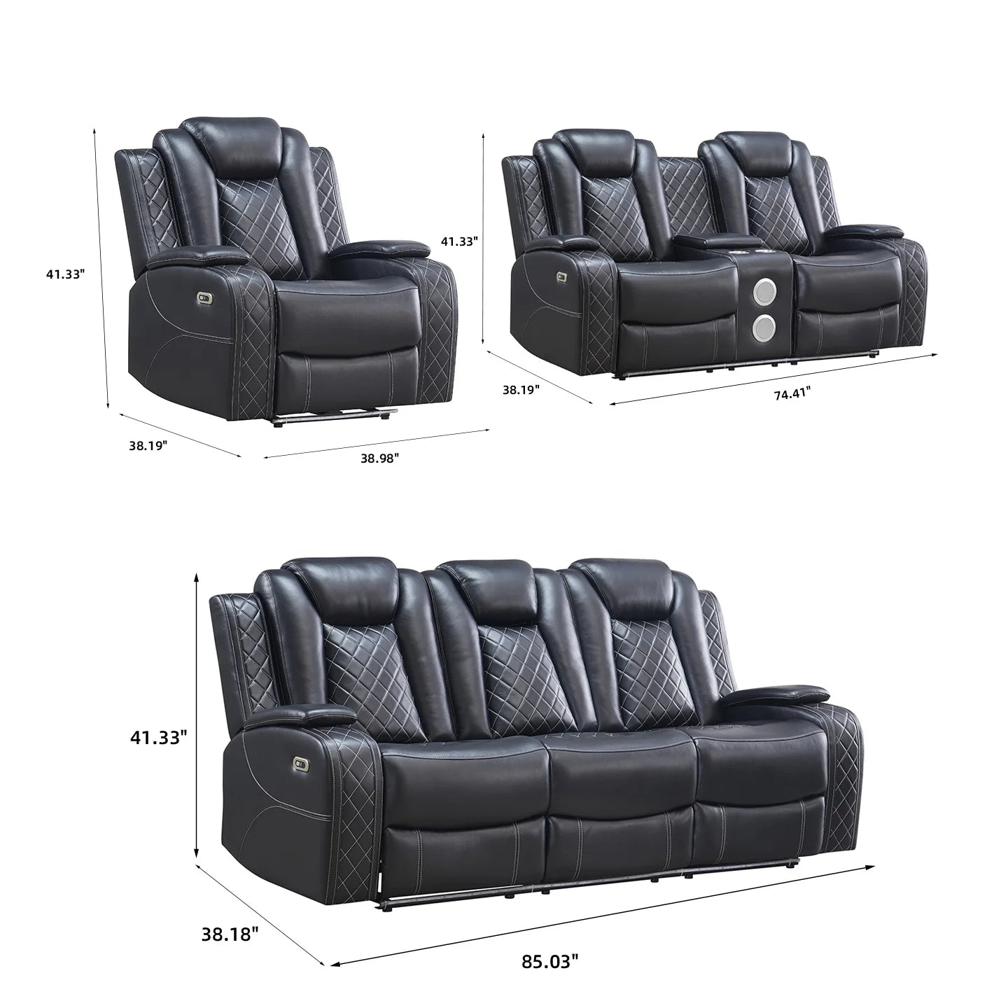 Power Reclining Sofa Couch with Wireless Charger 3 Seaters Recliner  Reading Light Leather Bluetooth Speaker Theater Seating LED