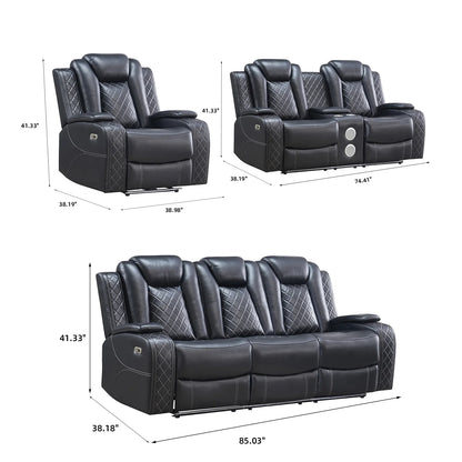 Power Reclining Sofa Couch with Wireless Charger 3 Seaters Recliner  Reading Light Leather Bluetooth Speaker Theater Seating LED