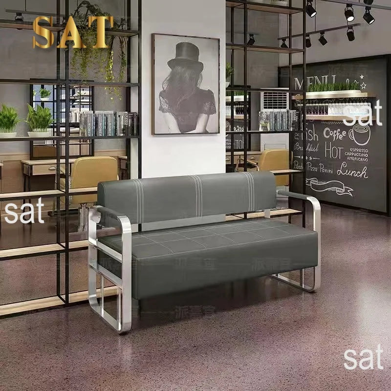 */Beauty Salon Barbershop Waiting Area Furniture Gold Metal Frame Leather Double Seats Room Chair