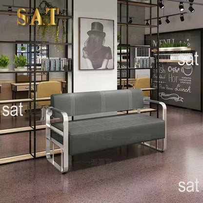 */Beauty Salon Barbershop Waiting Area Furniture Gold Metal Frame Leather Double Seats Room Chair