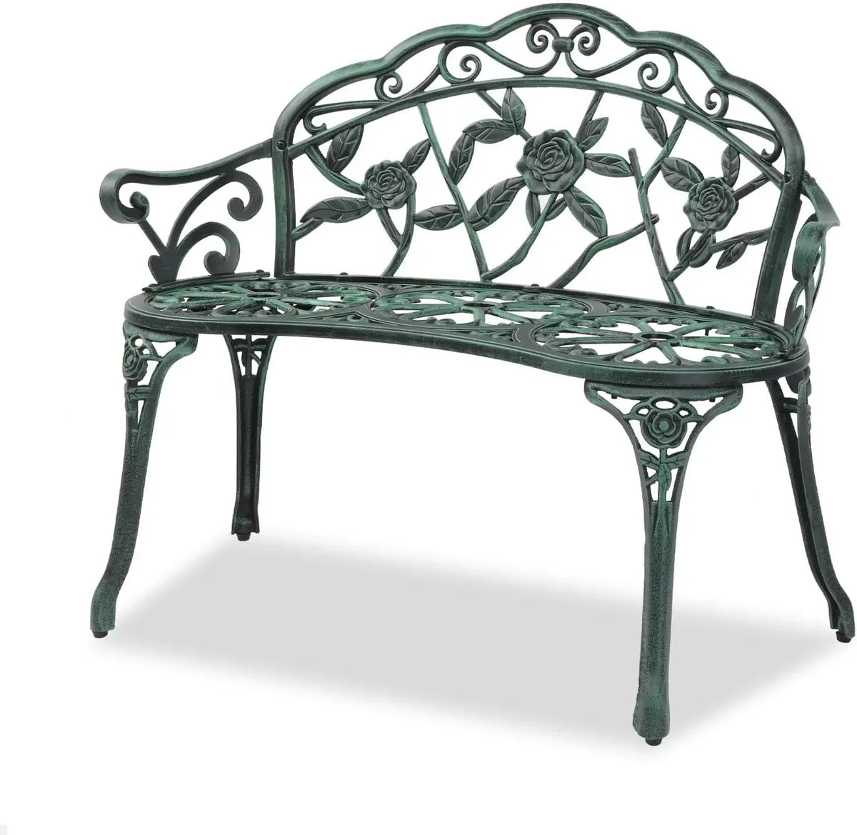 Outdoor patio bench, cast aluminum frame with antique finish, a garden rose bench