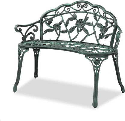 Outdoor patio bench, cast aluminum frame with antique finish, a garden rose bench