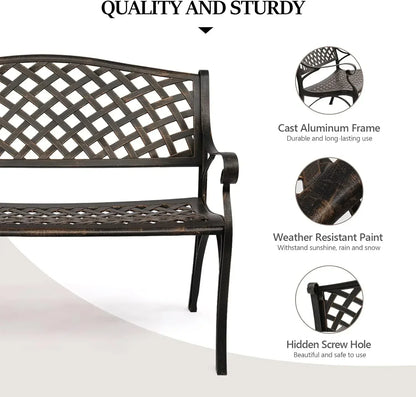 40.5" Outdoor Bench Patio Garden Bench, Anti- Rust Cast Aluminum Patio Bench Front Porch Bench