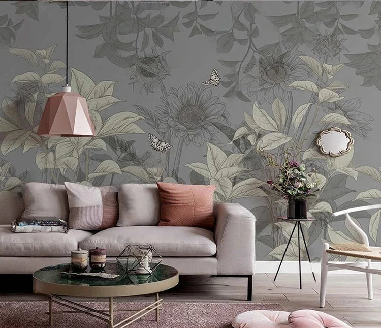 MU8963 Nordic ins hand-painted retro plant European country style interior background wall wallpaper