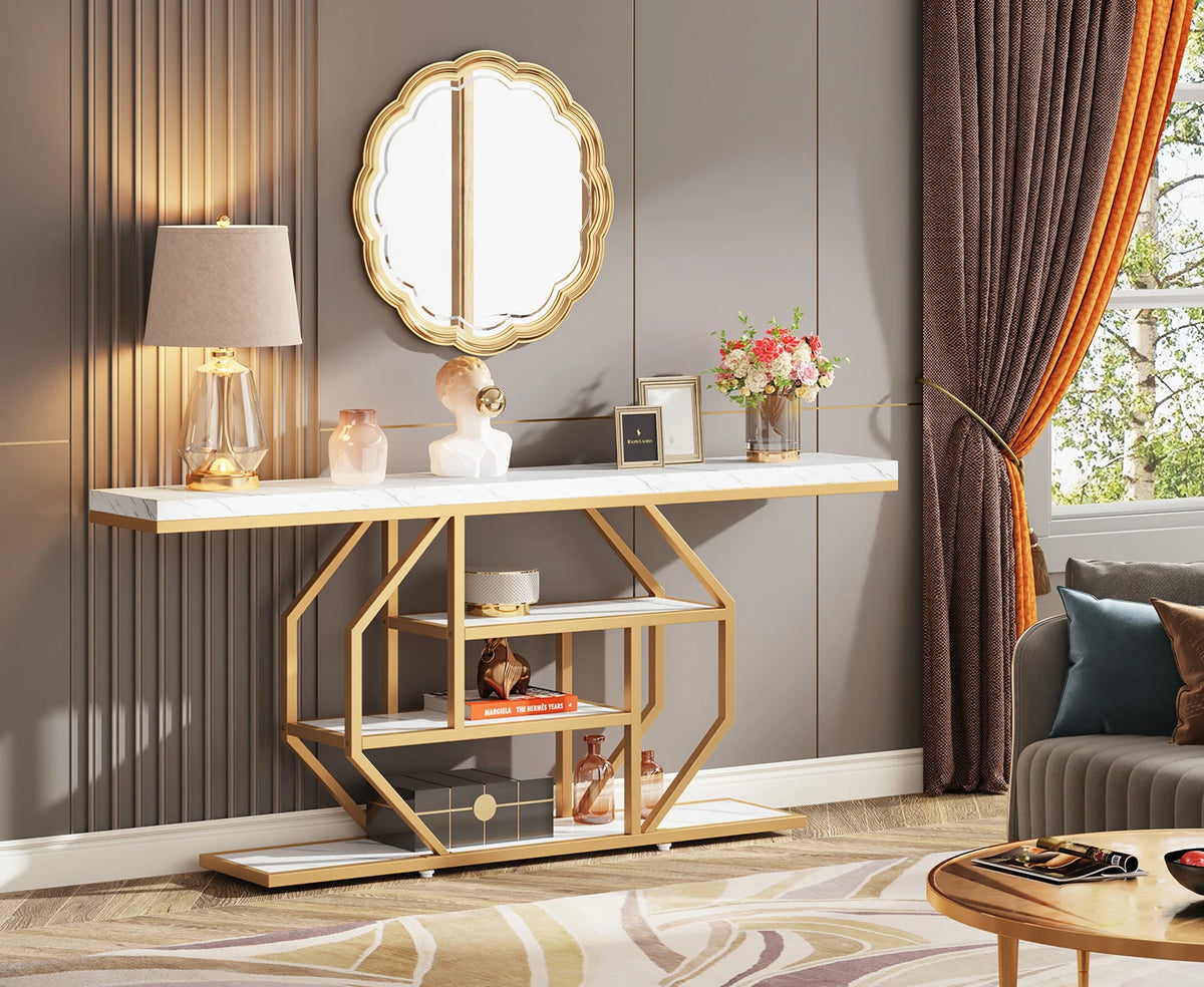 Tribesigns Console Table, Modern Gold Sofa Table Behind Couch with Storage, 4 Tier Entryway Accent Table