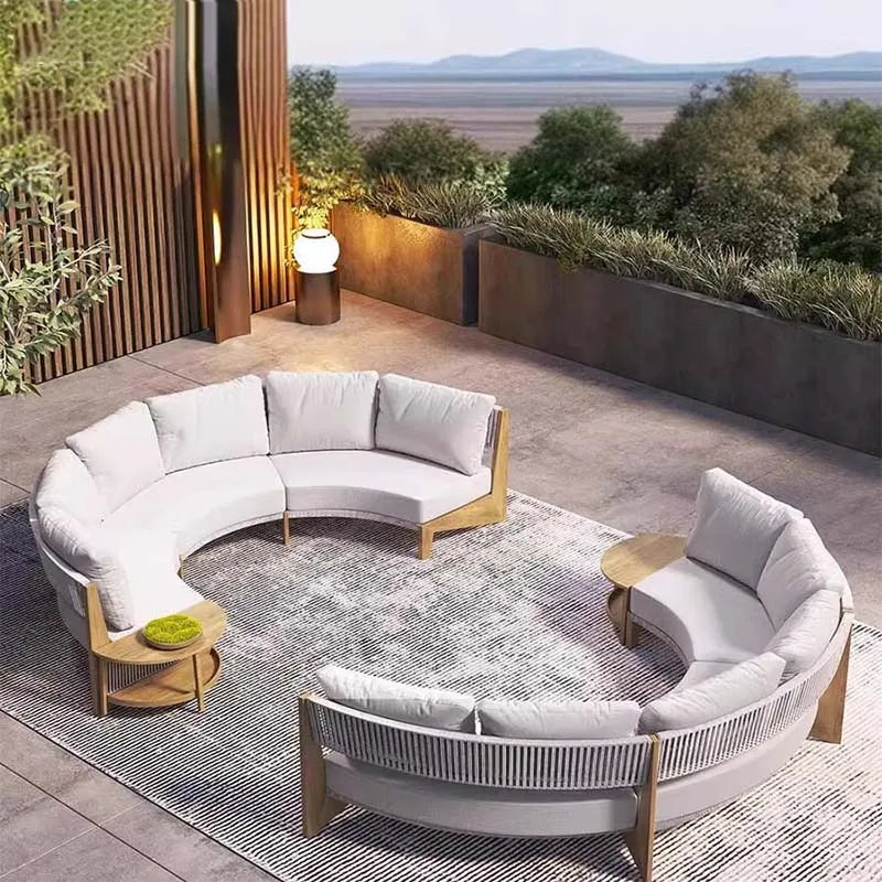 Outdoor circular sofa, rattan woven outdoor courtyard garden, villa restaurant, outdoor booth, anti-corrosion teak furniture