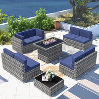 8 Pieces Patio Furniture Set with 44"  Fire Pit Table, Outdoor Sectional Wicker Conversation Sofa Sets with Coffee Table