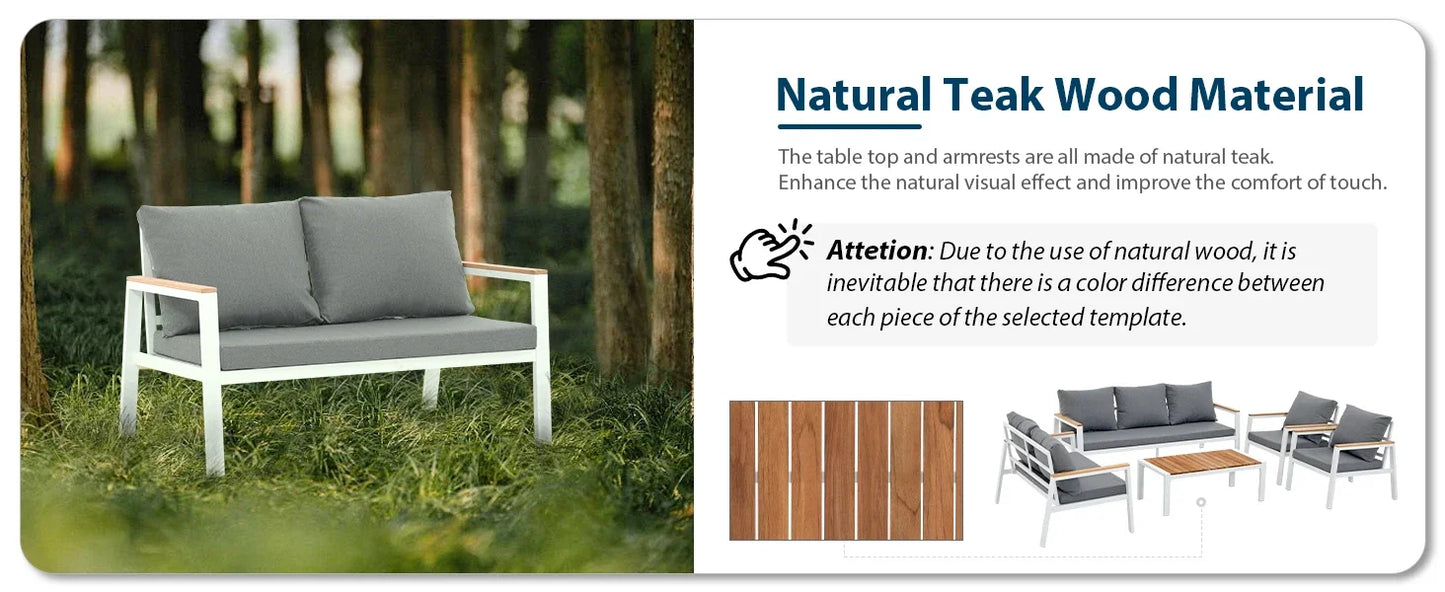 Patio Furniture Set 5 Pieces with Teak Coffee Table & Cushion, Outdoor Patio Furniture Sectional Patio Sofa