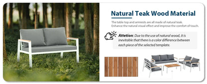 Patio Furniture Set 5 Pieces with Teak Coffee Table & Cushion, Outdoor Patio Furniture Sectional Patio Sofa