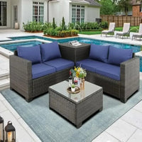Outdoor Wicker Patio Furniture Set: Rattan Sectional Loveseat, Sofa with Storage Box, and Glass Top Table