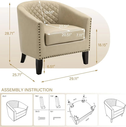 Pia Ricco Faux Leather Barrel Accent Chair, Modern Club Arm Chair Comfy Upholstered Single Sofa Chair with Solid Wood Legs and N