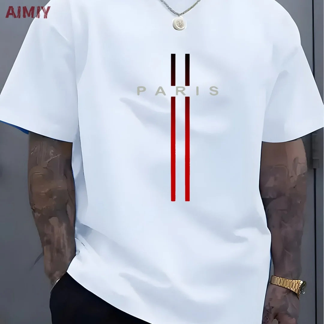 Summer Men's T-shirt Top Casual Loose Fit Oversized T-shirt PARI Letter Pattern Printed Round Neck Short Sleeved Homme Vêtement