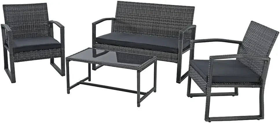 4pcs Outdoor Patio Furniture Set, Outdoor Wicker Conversation Set, Patio Rattan Chair Set, Modern Bistro Set with Coffee Table