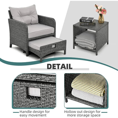 5 Pieces Outdoor Patio Wicker Chairs Set with Ottoman Outside Conversation Furniture Set with Cushions and Coffee for Ba