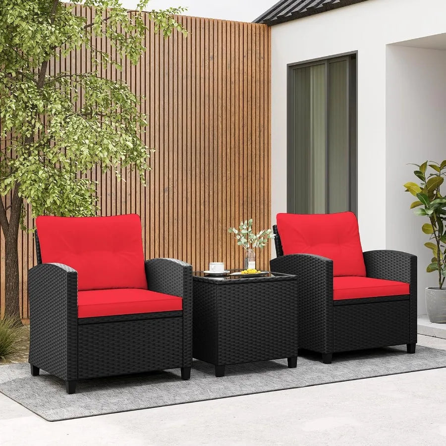 3Piece Rattan Conversation Set with Soft Seat and Back Cushions Tempered Glass Top Coffee Table Cushioned Wicker Seating for Ou