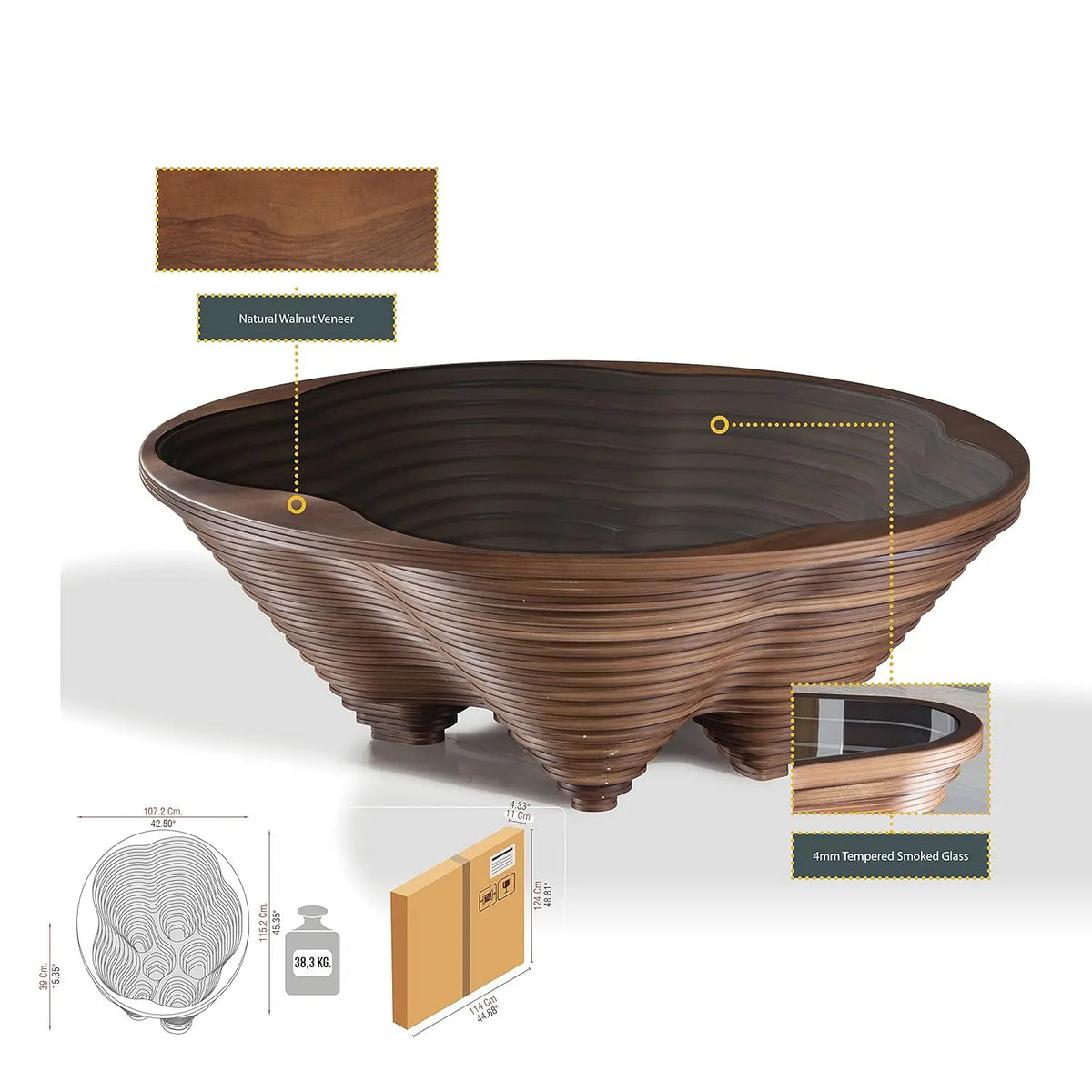 Table basse en bois en spirale avec plateau en verre, artisanale, moderne, pour salon, bureau, café, décoration, personnalisable