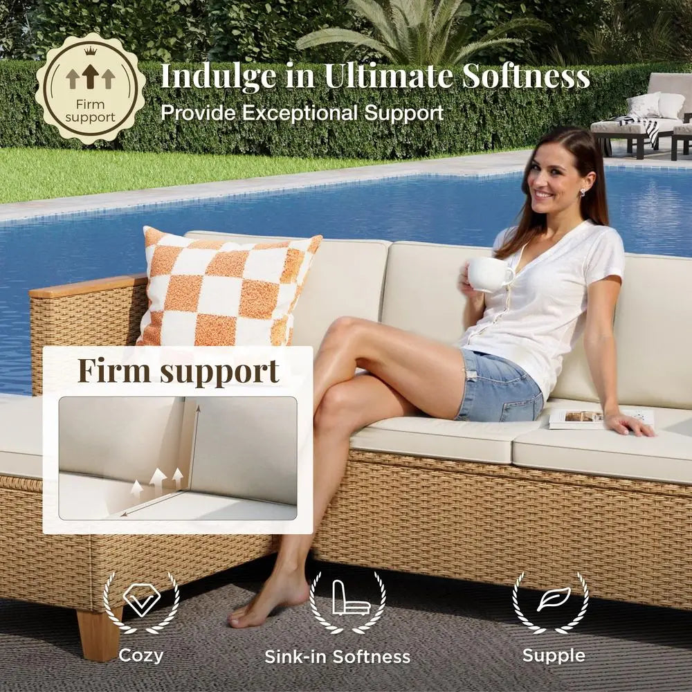 Wicker Outdoor Patio Furniture Set 3 Pieces Patio Chaise Longue Conversation Set, Rattan LShaped Sofa Couch with Acacia Wood Co