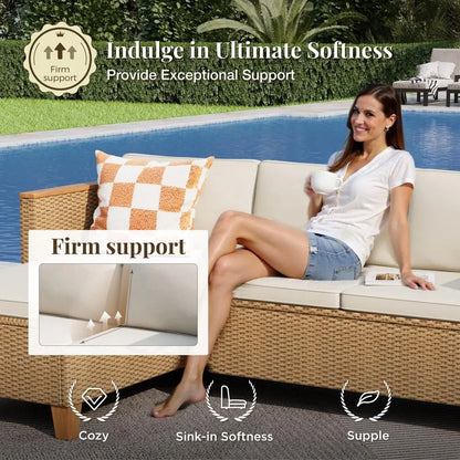 Wicker Outdoor Patio Furniture Set 3 Pieces Patio Chaise Longue Conversation Set, Rattan LShaped Sofa Couch with Acacia Wood Co