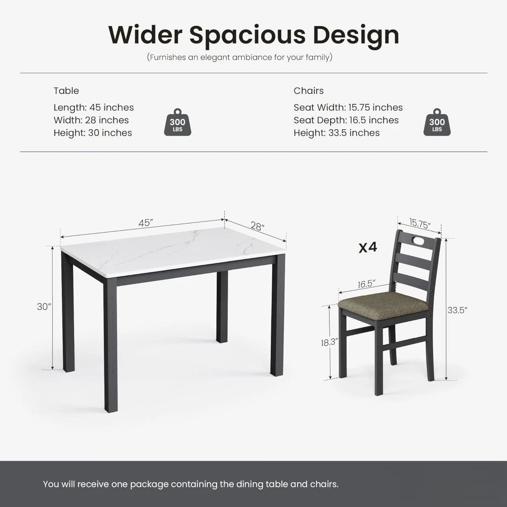 Modern Farmhouse Dining Table Set for 4 with Venatino White Marble Top and Black Cushioned Chairs Kitchen Dinette Table