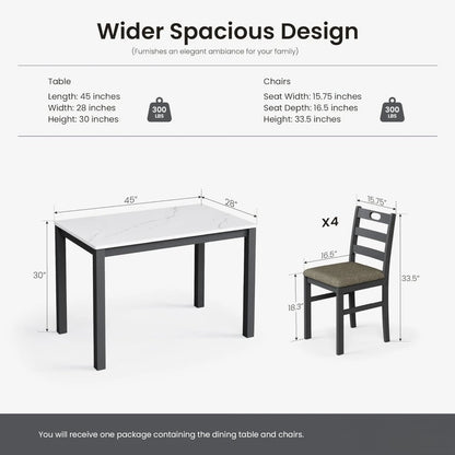 Modern Farmhouse Dining Table Set for 4 with Venatino White Marble Top and Black Cushioned Chairs Kitchen Dinette Table