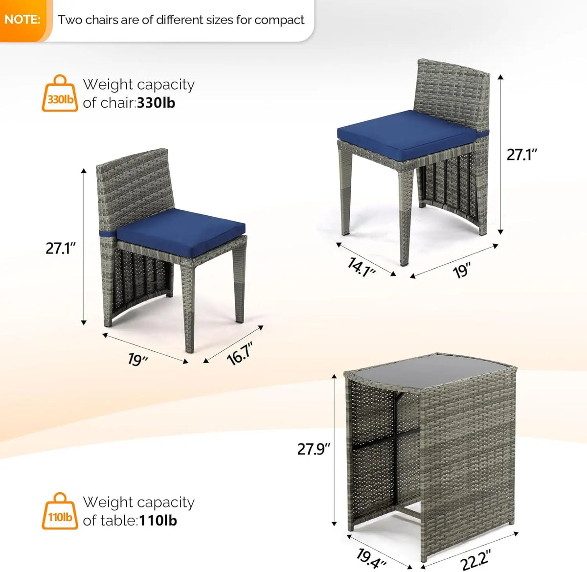 3 PCS Wicker Outdoor Patio Bistro Set, Patio Furniture Set Balcony Furniture Patio Table and Chairs Set of 2