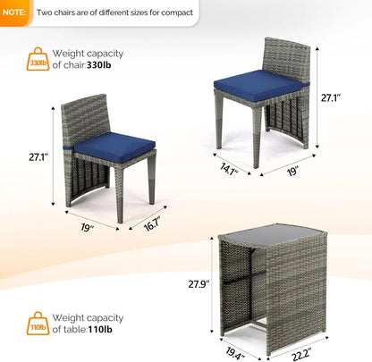 3 PCS Wicker Outdoor Patio Bistro Set, Patio Furniture Set Balcony Furniture Patio Table and Chairs Set of 2