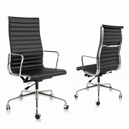 High Back Ribbed Genuine Leather Office Chair Adjustable Ergonomic Computer Chair with Aluminium Alloy Frame  Swivel Chair