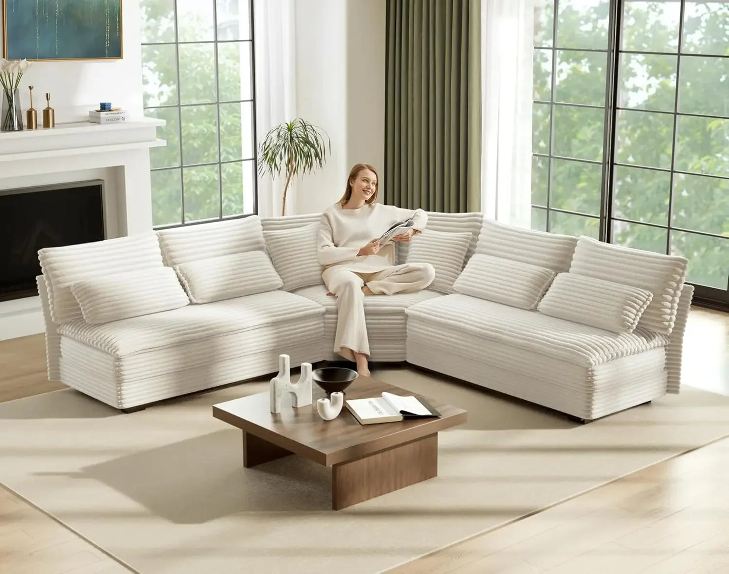 102" Luxury 5-Seater Sectional Couch – L-Shaped Corner Oversized Corduroy Cloud Sofa with 2-Layer Cushions for Living Room