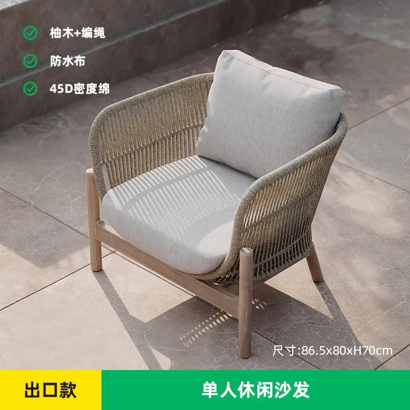 Outdoor sofa courtyard rattan teak outdoor garden villa hotel waterproof and sun protection homestay solid wood sofa furniture