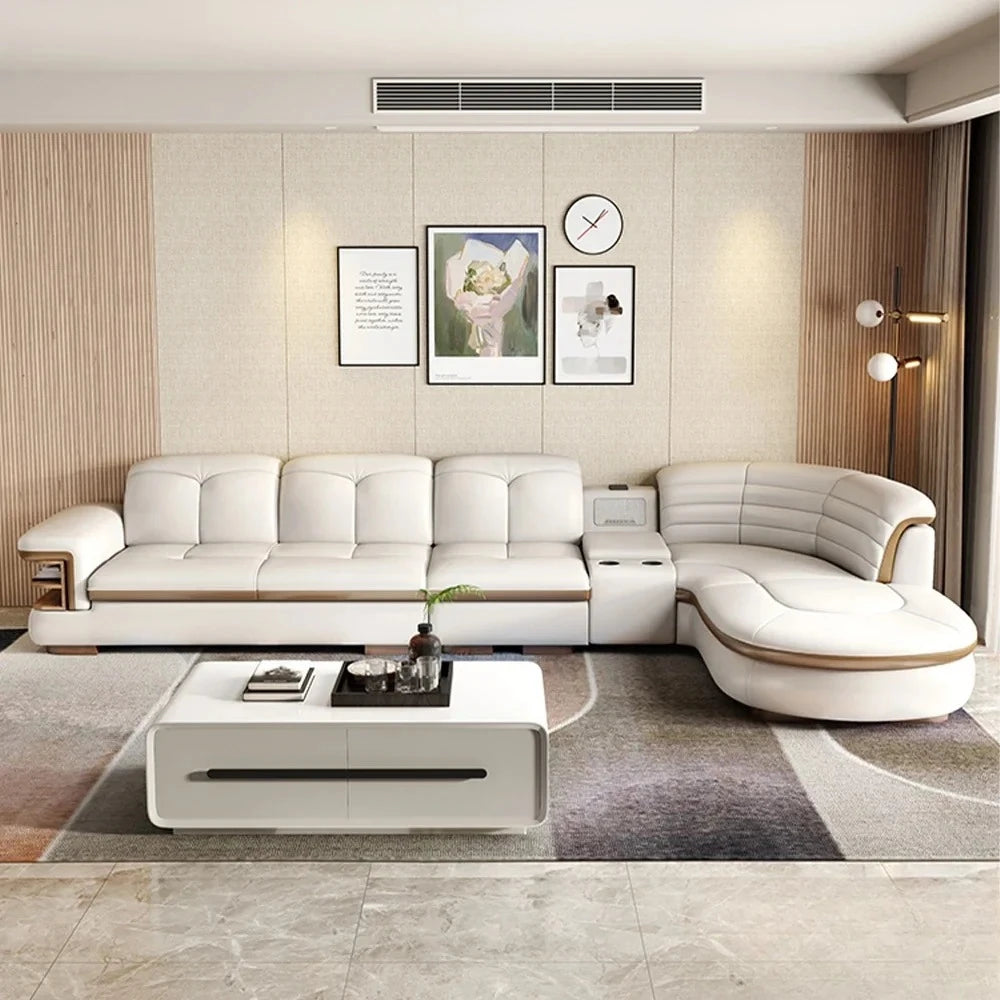 L-Shaped Genuine Leather Sectional Sofa Sets with USB, Bluetooth Speaker