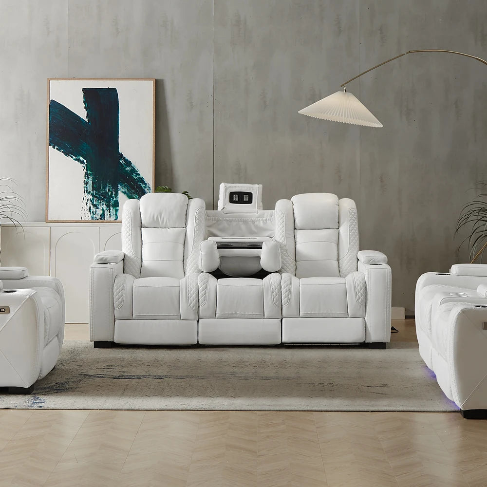 Luxury Power Recliner White Leather Sofa for Home Theater Electric VIP Cinema Sofa Set with Extendable Feature for Lay Down