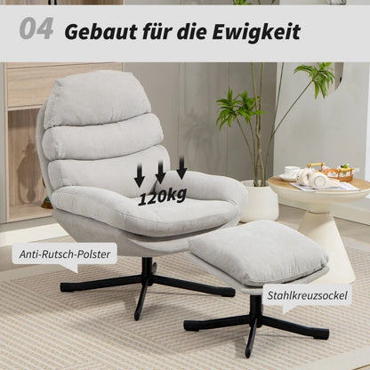 Chenille Accent Chair with Ottoman – Modern Lounge Chair, Cream White, 78x93x100cm