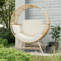 Wicker Round Egg Chair, Oversized Outdoor Lounger For Patio, W/ 4 Cushions, Steel Frame, 330lbs, Rattan Moon Chair
