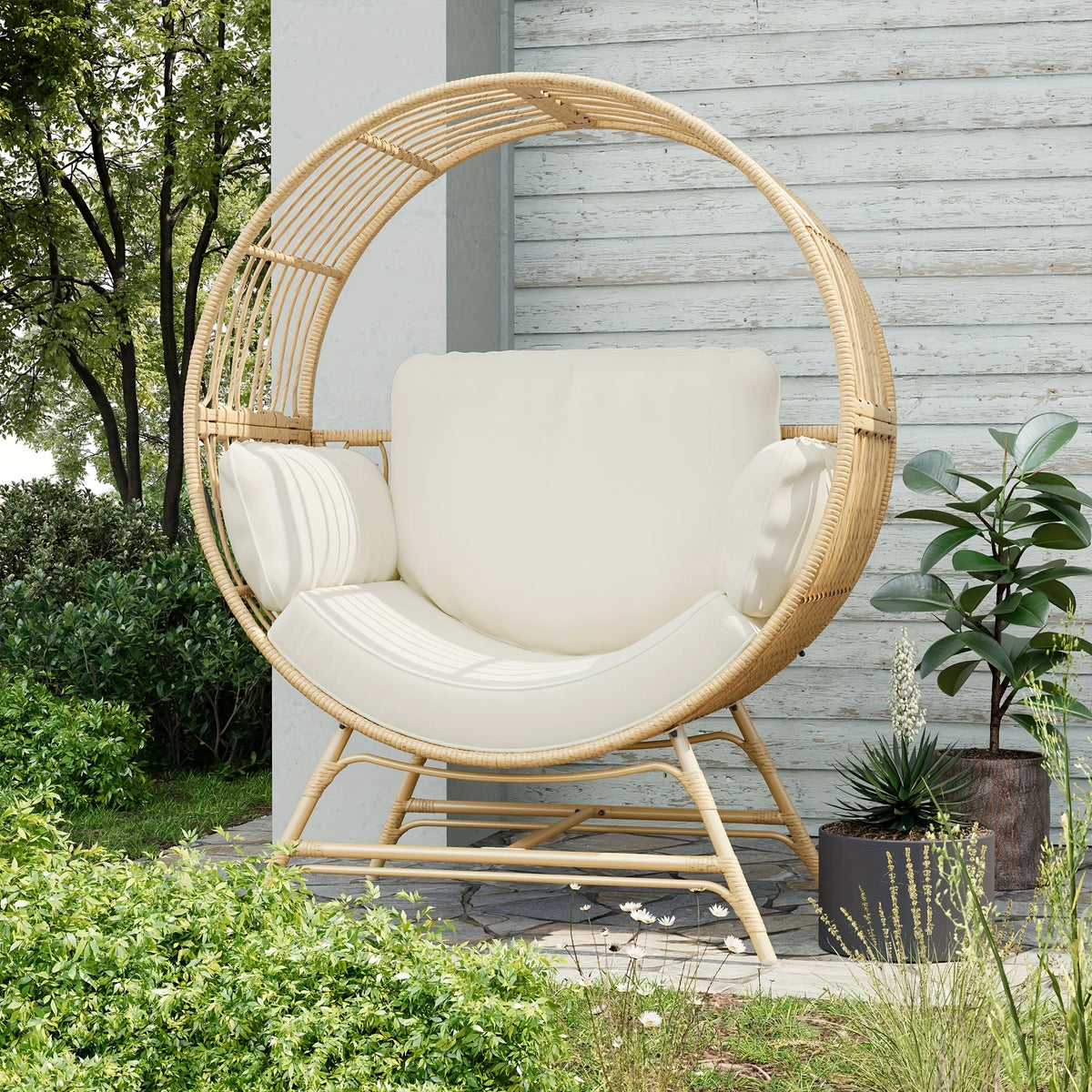 Wicker Round Egg Chair, Oversized Outdoor Lounger For Patio, W/ 4 Cushions, Steel Frame, 330lbs, Rattan Moon Chair
