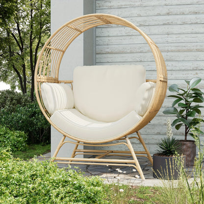 Wicker Round Egg Chair, Oversized Outdoor Lounger For Patio, W/ 4 Cushions, Steel Frame, 330lbs, Rattan Moon Chair