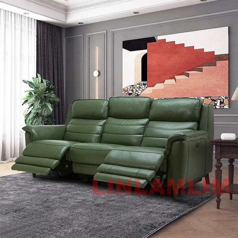 MANBAS Luxury Power Reclining Sofa - Modern Genuine Leather 3-Seater Couch with Footrests & USB, Electric Recliner Home Theater