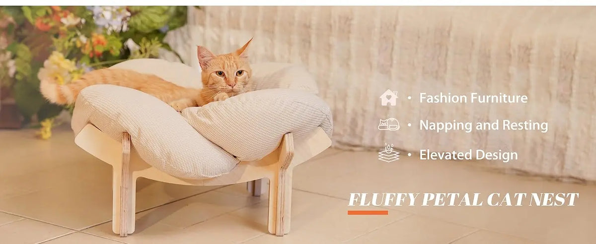 Elevated Cat Bed Wooden With Cushion Fluffy Pet Couch Sofa For Indoor Cats Raised Kitty Lounge Chair Suitable