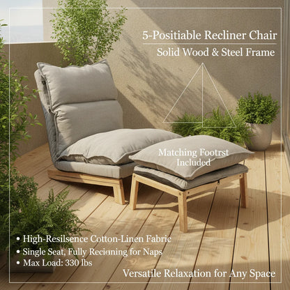 Lounge Chair, Single Lazy Sofa with Ottoman, Leisure Balcony Adjustable Recliner, 5-Position Adjustable Backrest, 330 lbs Capacity, Grey Cotton Linen + Sponge + Solid Wood + Steel