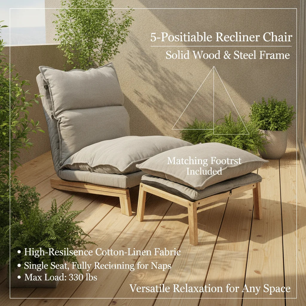 Lounge Chair, Single Lazy Sofa with Ottoman, Leisure Balcony Adjustable Recliner, 5-Position Adjustable Backrest, 330 lbs Capacity, Grey Cotton Linen + Sponge + Solid Wood + Steel