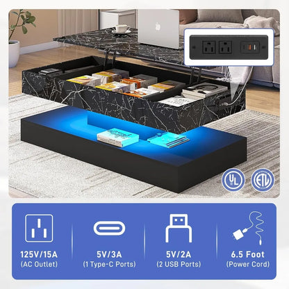 47.2" Large Lift Top Coffee Table with Charging Station, LED Modern High Glossy Center Table with Hidden Compartment Storage, Wh